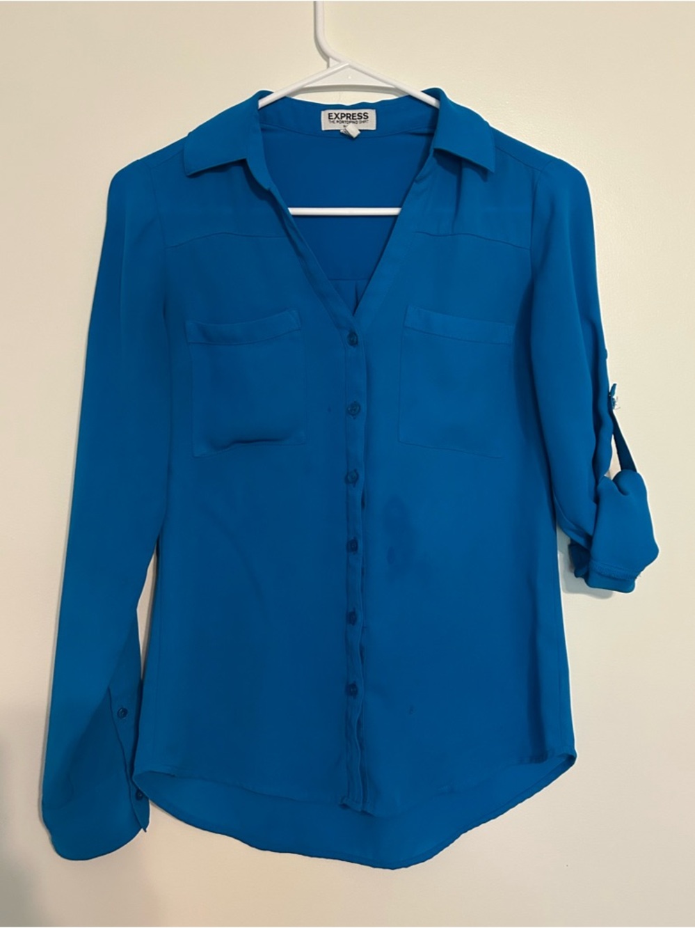 Express Women's Portofino Slim Fit XS Cobolt Blue Button-Front Blouse